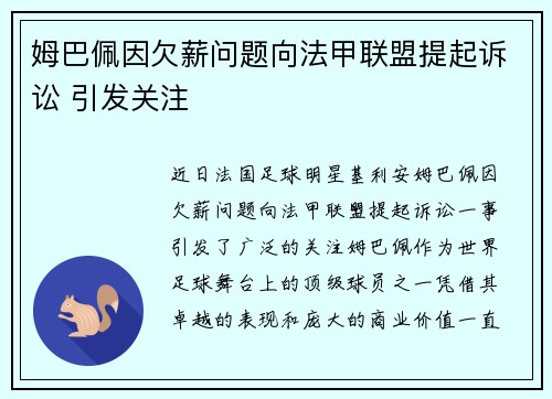 姆巴佩因欠薪问题向法甲联盟提起诉讼 引发关注